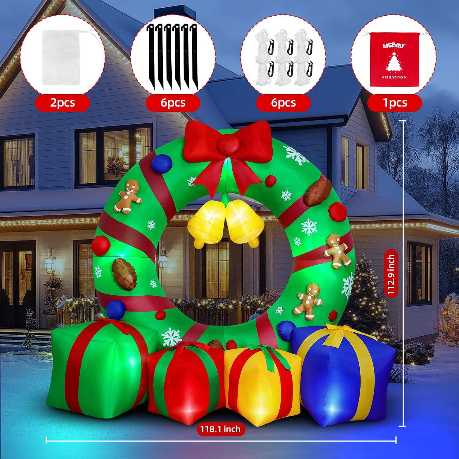 10FT Giant Inflatable Christmas Wreath Outdoor Decor Blow Up Xmas Wreath with Gift Boxes Bells LED Lights Holiday