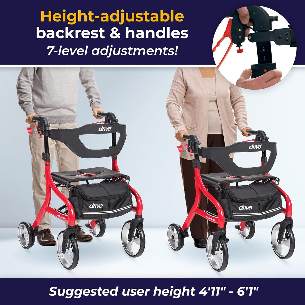 Nitro Sprint Foldable Rollator Walker with Seat - Lightweight Support - Large Wheels - Compact Folding Design