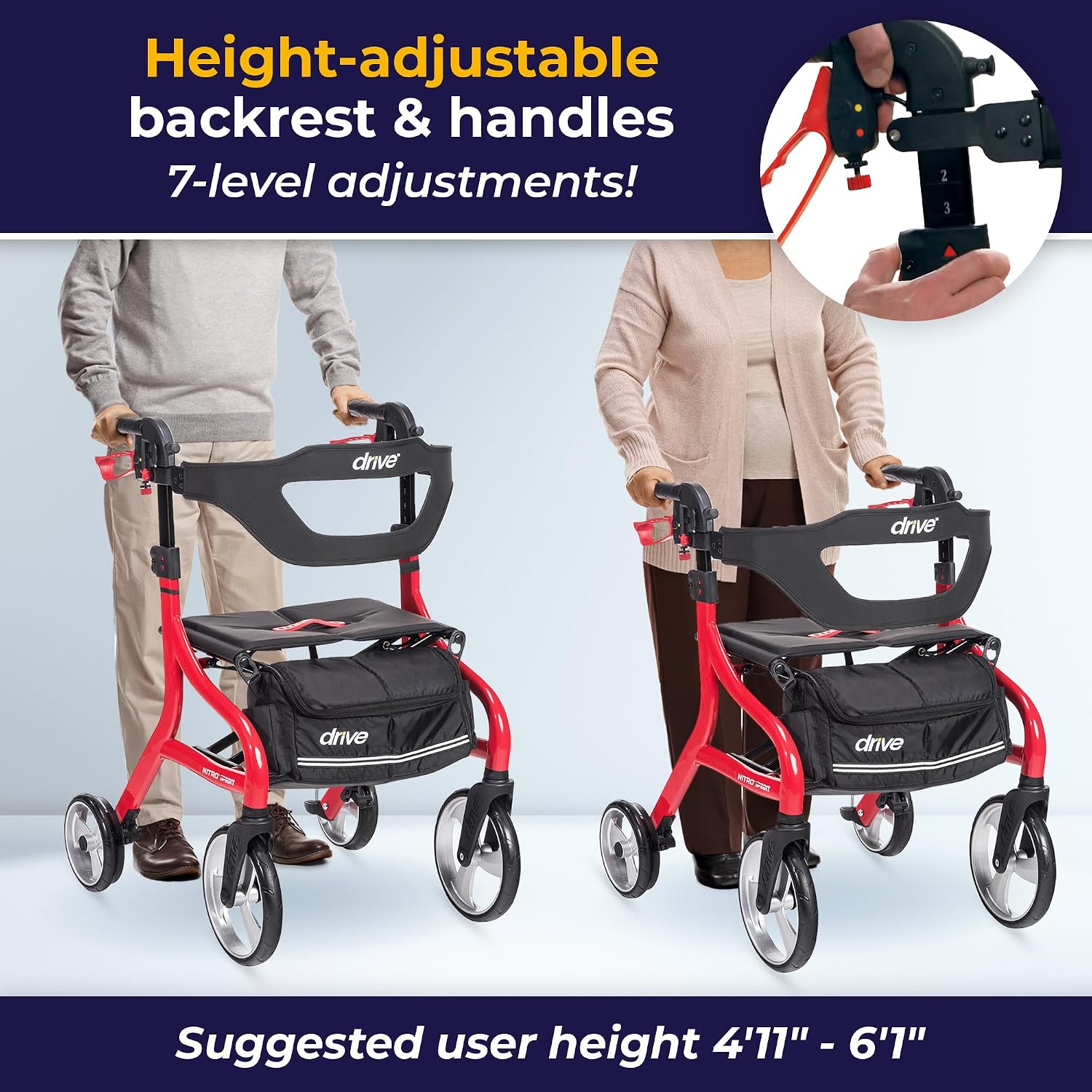 Nitro Sprint Foldable Rollator Walker with Seat - Lightweight Support - Large Wheels - Compact Folding Design
