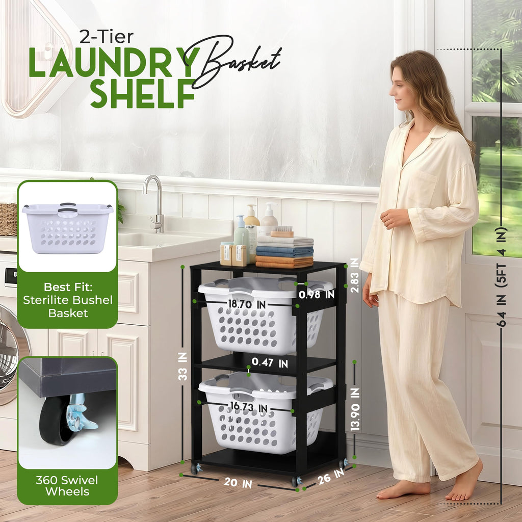 Laundry Basket Holder Shelf, Stackable Laundry Sorter, Black, 2 Tier