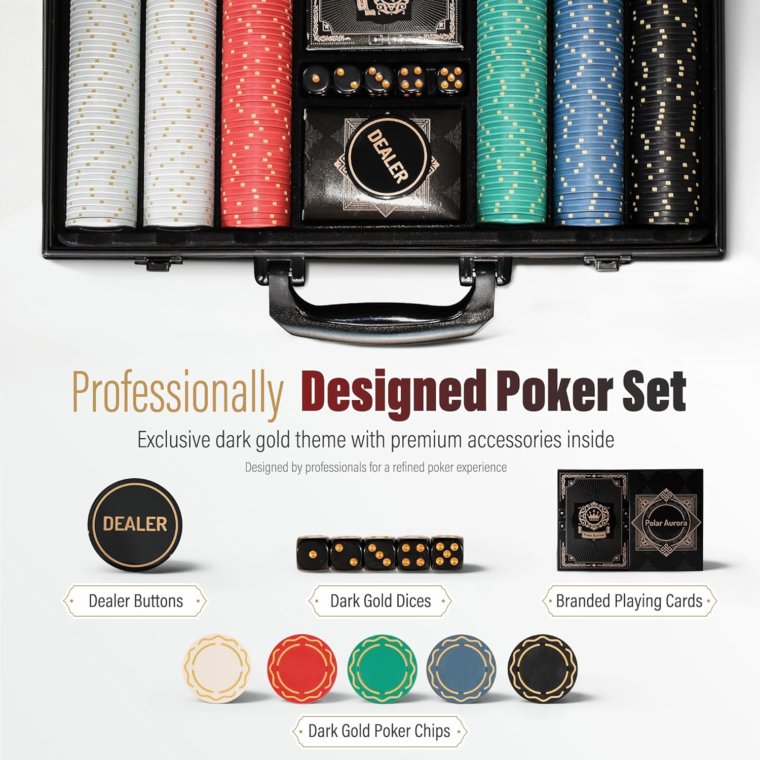 Poker Chips,Gold Dark Poker Set with Black Aluminum Case,Modern Design 11.5 Gram Poker Chip Set for Texas Hold'em