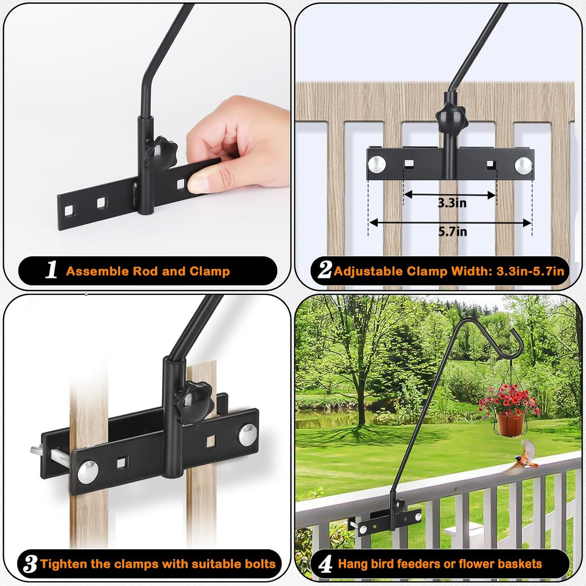 2 Pack 13.5 Inch Deck Hooks for Vertical Railing, Adjustable Deck Bird Feeder Hanger for Hanging Lanterns, Wind