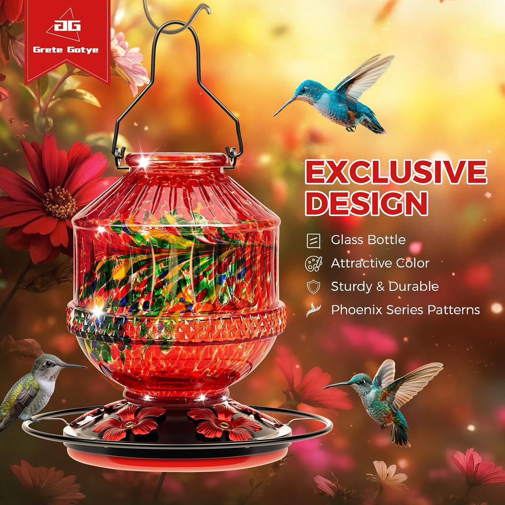 Blown Glass Hummingbird Feeders for Outdoors, 25 Ounces Wild Bird Nectar Feeder with Perch & 5 Flower Feeding Ports