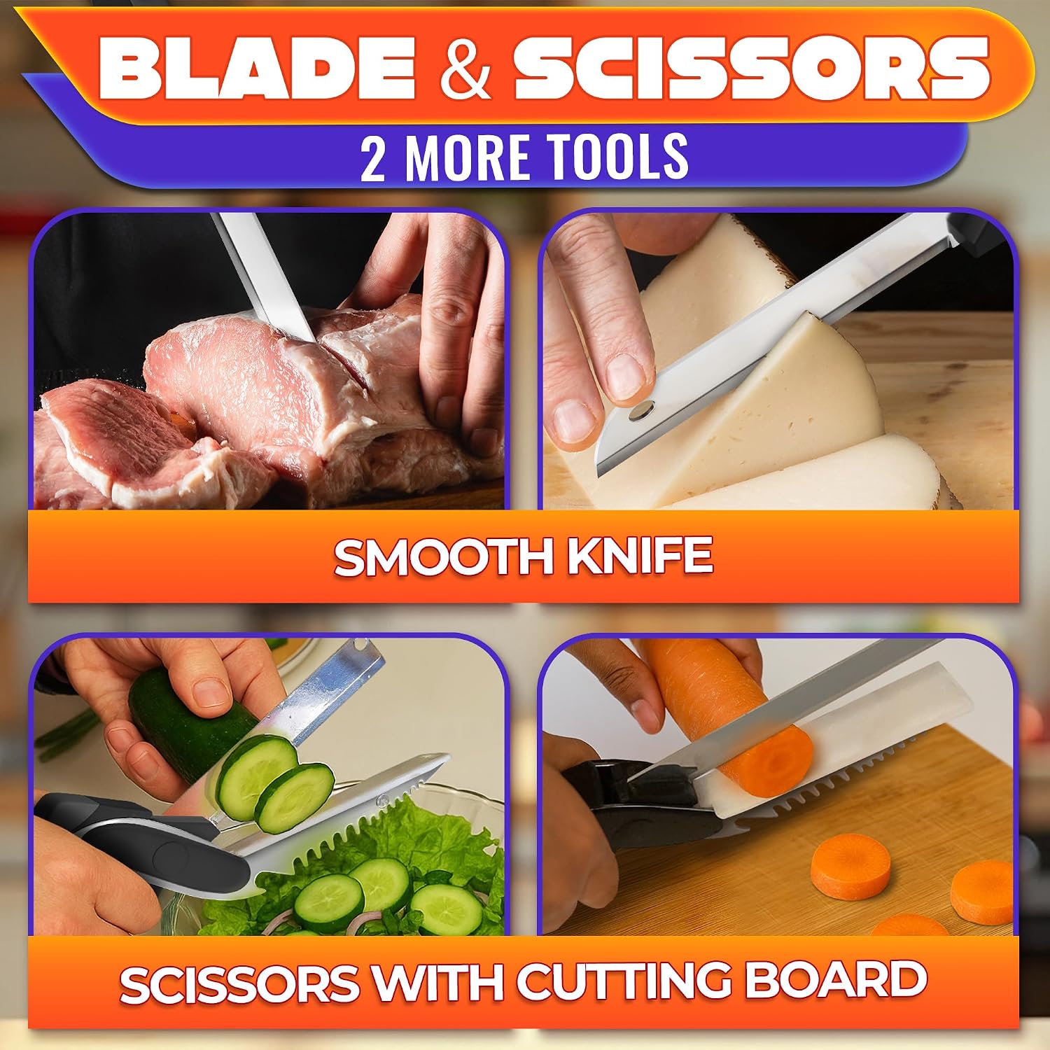 6-in-1 Cutting Board Scissors – Heavy Duty & Dishwasher-Safe Kitchen Shears with Ribbed No-Slip Blade, Spring-Assist
