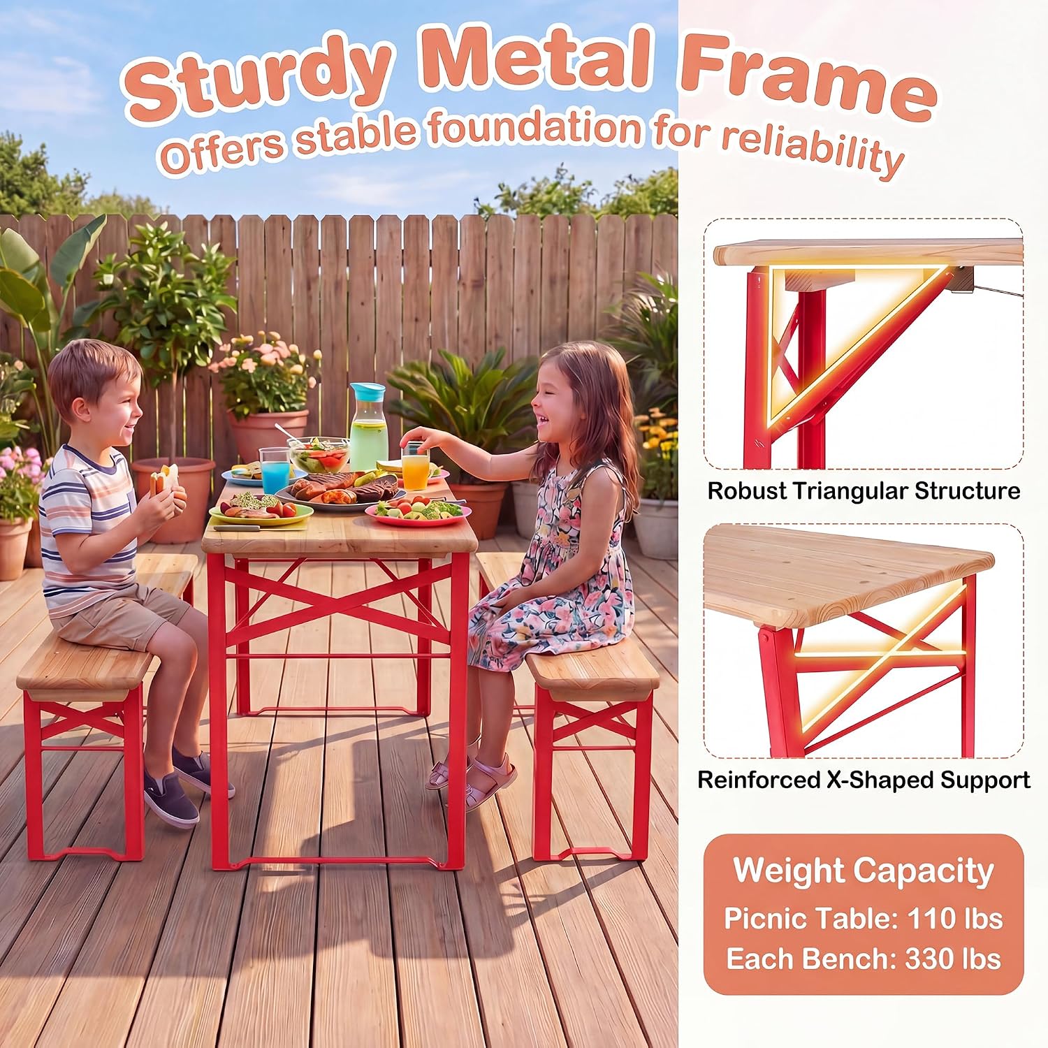 Kids Picnic Table, 43.5 Inch Folding Toddler Outdoor Table & 2 Benches, Fir Wood Top & Metal Frame, No Assembly