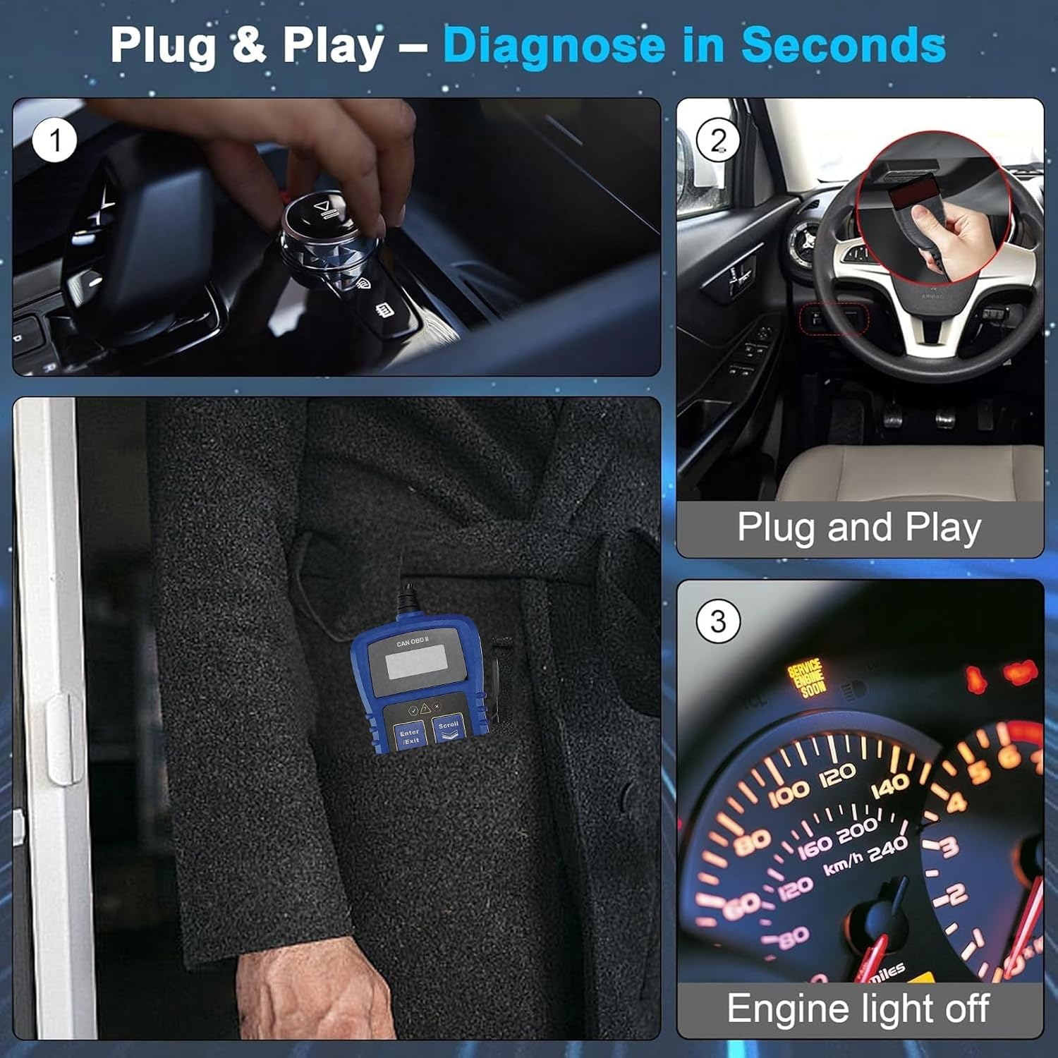 OBD2 CAN Code Reader, Check Engine Light Scanner, 1996+ Vehicles Tester | Plug-and-play, no batteries or apps needed;
