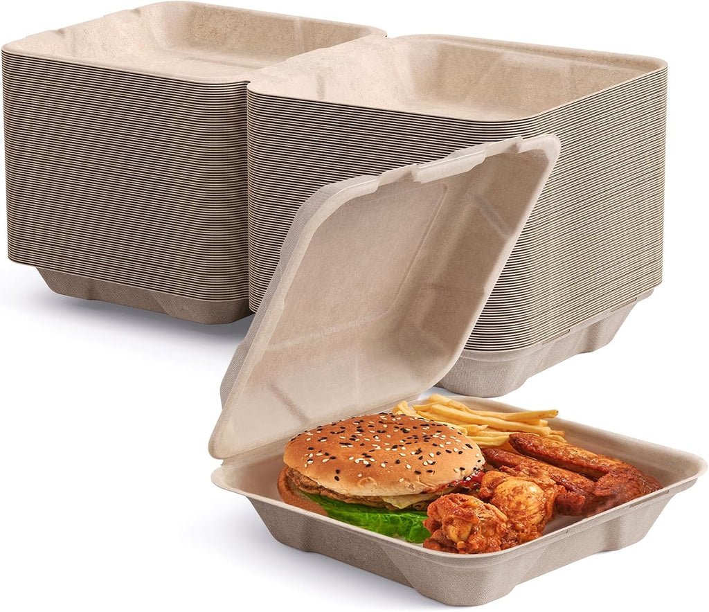 50 Pack Compostable Clamshell Take Out Food Containers, 8 inch