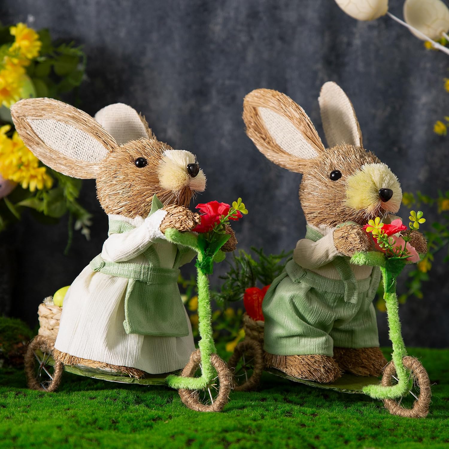 Easter Decor Bunny Bicycle Figurines 10.6 Inch, Easter Bunny Decor with Carrot, Eggs & Flowers, Straw Bunny Couple