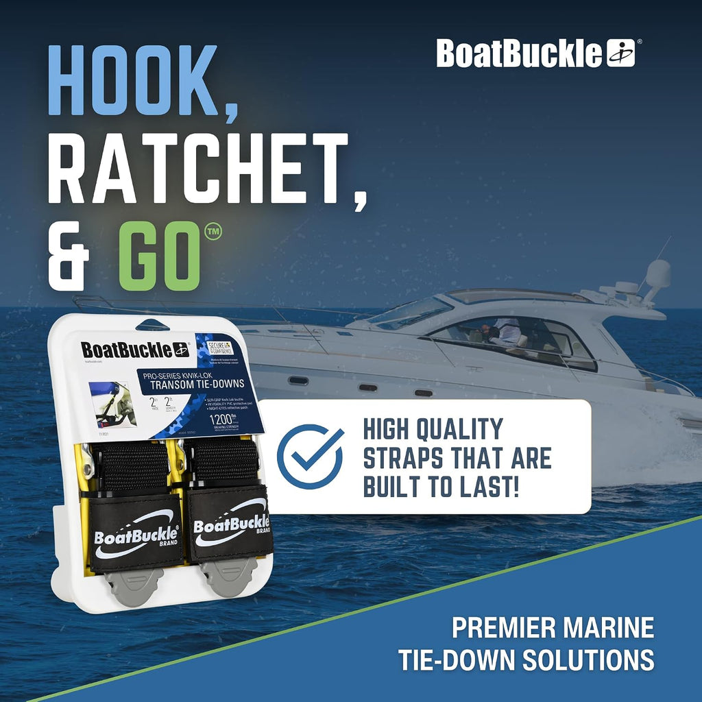 BoatBuckle Pro Series Kwik-Lok Transom Tie Down Straps, 2 x 2 ft, 2-Pack