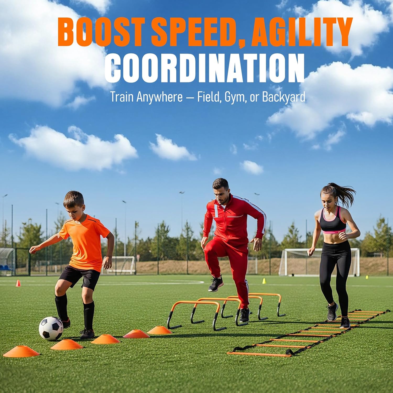 Agility Ladder, Soccer Football Training Equipment Set - 20ft Speed Ladder, 4 Hurdles,Parachute, 12 Cones & Jump Rope