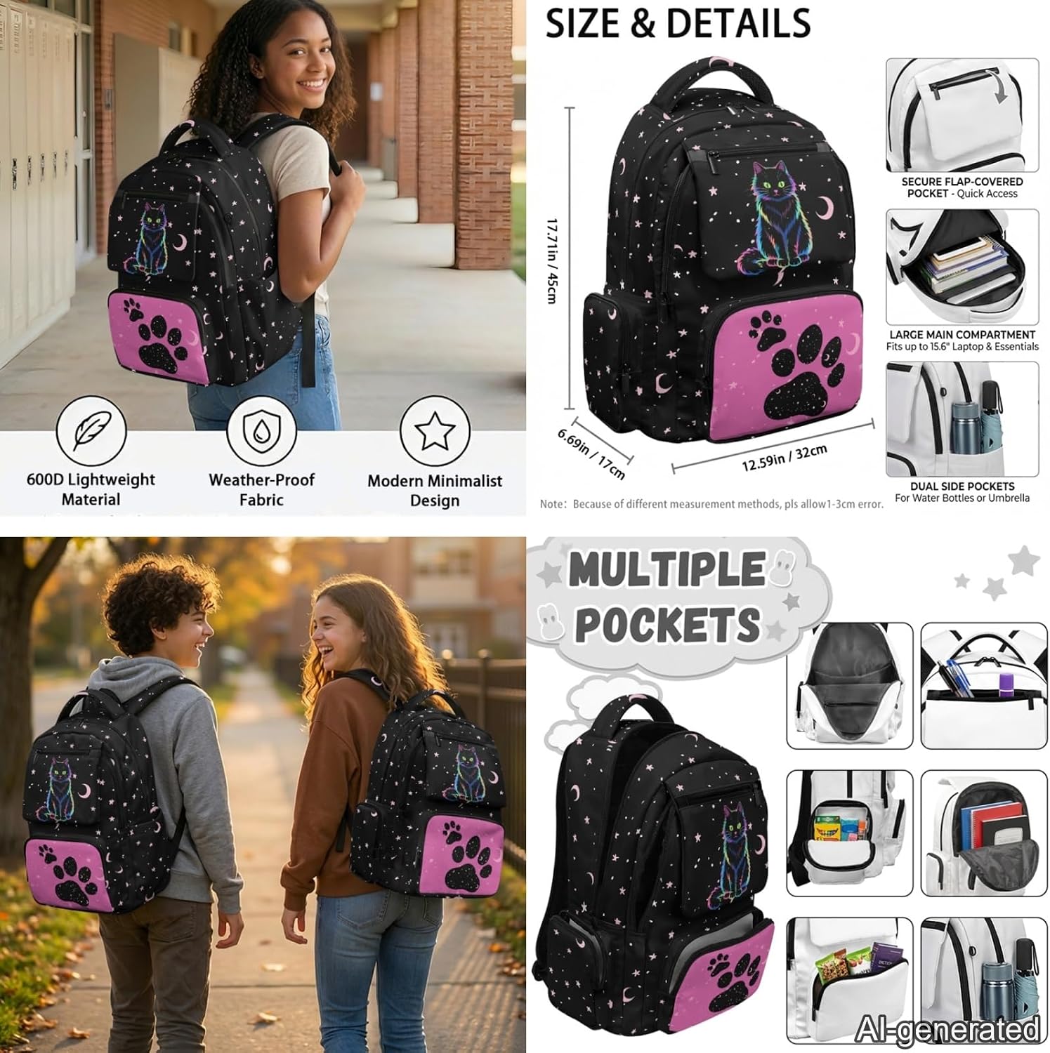 Cat Paw Moon Star Print Backpack for Kids Girls School Bags Teen Bookbags Set of 6 pcs Rucksack School Backpack with