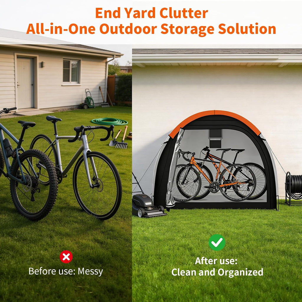 Bike Storage Tent with Rain Cover, PU5000 Waterproof 2-Bike Shed | Side-Door 210D Shelter with Mesh Window for Lawn