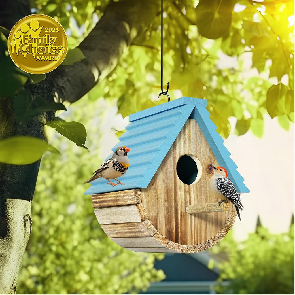 Bird Houses for Outside, Hanging Wooden Birdhouse for Outdoors, Blue