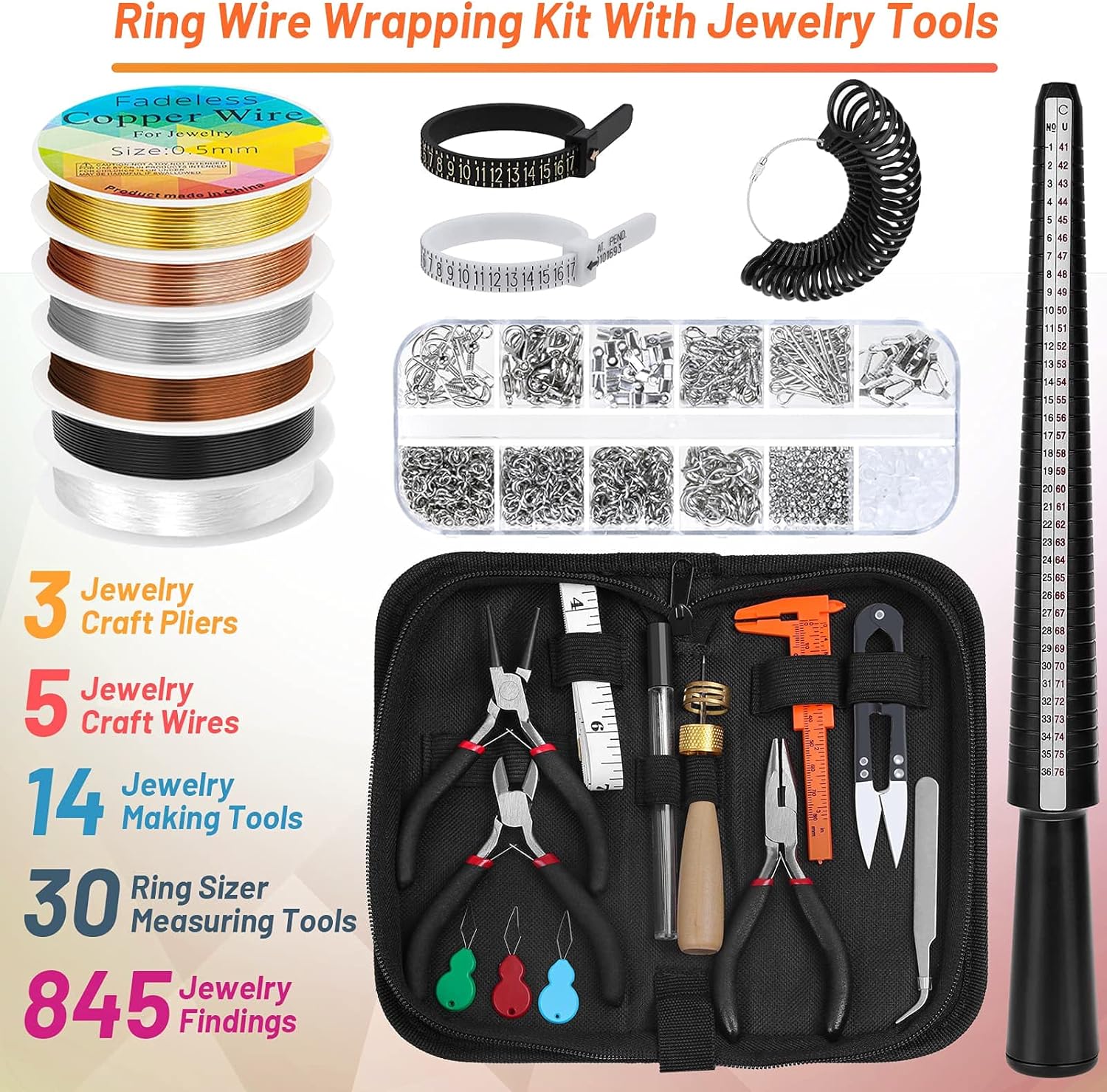 Jewelry Wire Wrapping Jewelry Making Supplies Kit, Ring Sizer Measuring Tools Kit with Tools, Ring Craft Wires