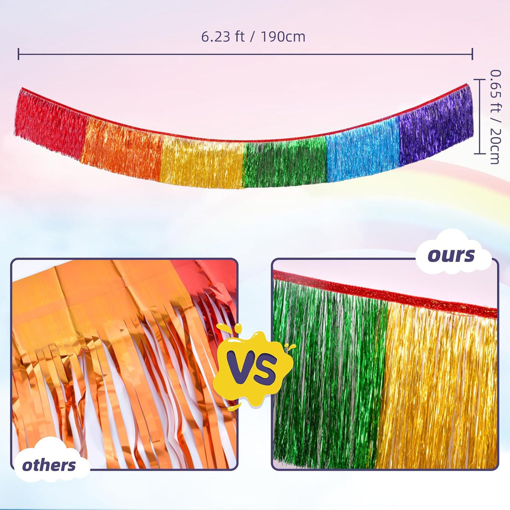 Rainbow Foil Fringe Garland Party Decorations, 12 Feet Rainbow Tinsel Metallic Glitter Banner, Hanging Table Skirts