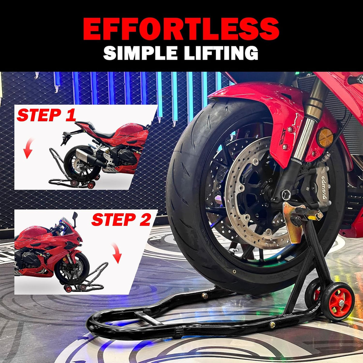 Motorcycle Front & Rear Stand, Front Rear Combo Stand Universal Wheel Lift Stand Swingarm Spool Lift Stand Paddock