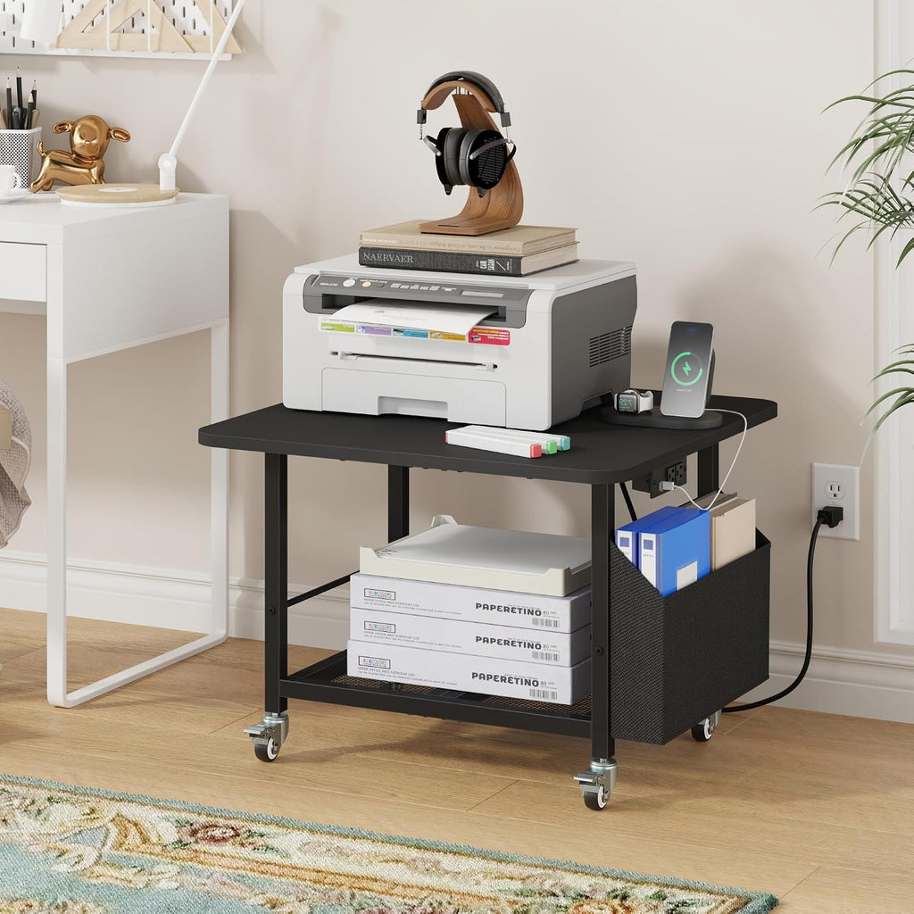 23.6" Large Printer Stand with Power Outlet,3D Printer Table,Black | Heavy Duty Rolling Cart for Home Office,Storage