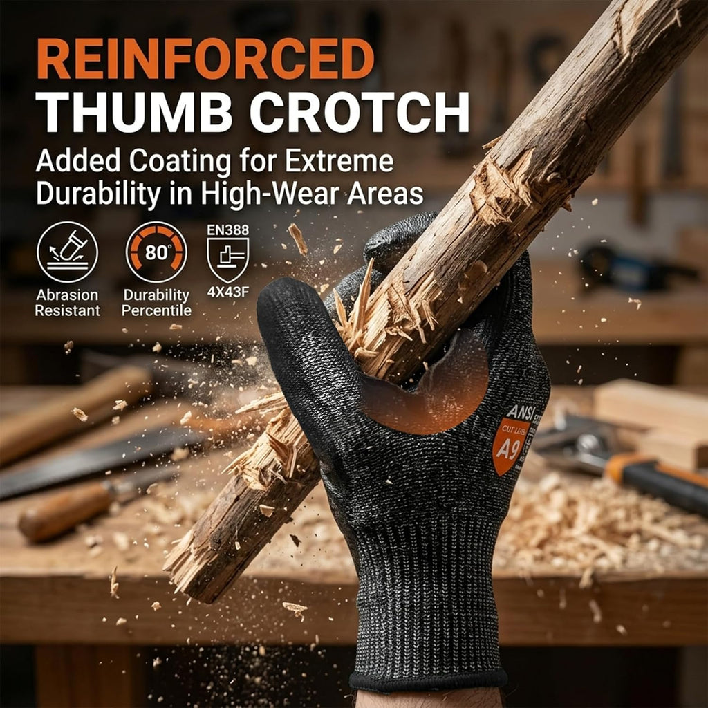 A9 Cut Resistant Work Gloves for Men, Safety Gloves for Men Touchscreen with Reinforced Thumb for Metal Glass Wood