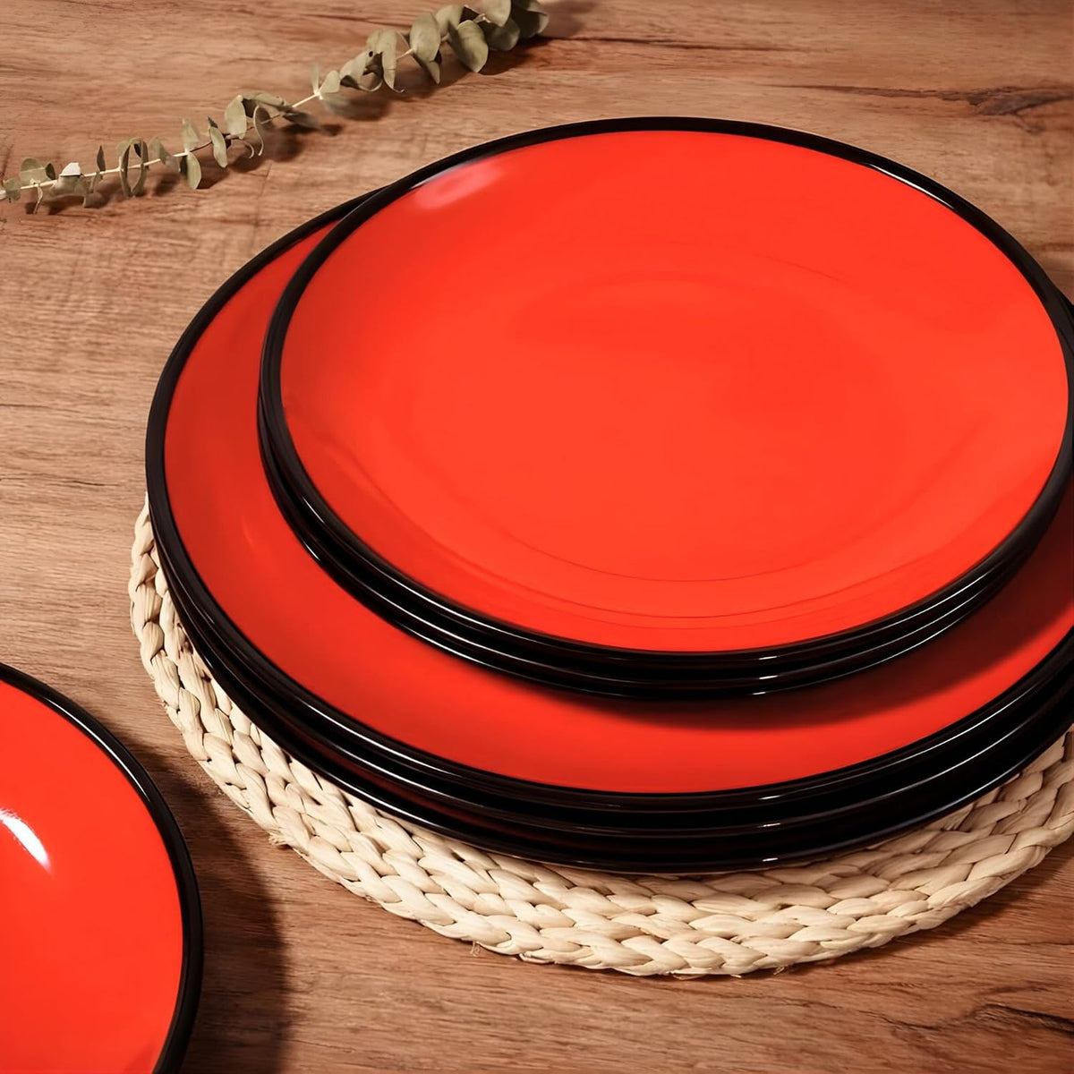 11" Melamine Round Dinner Plates, 6-Piece Plate Sets, Black&Red