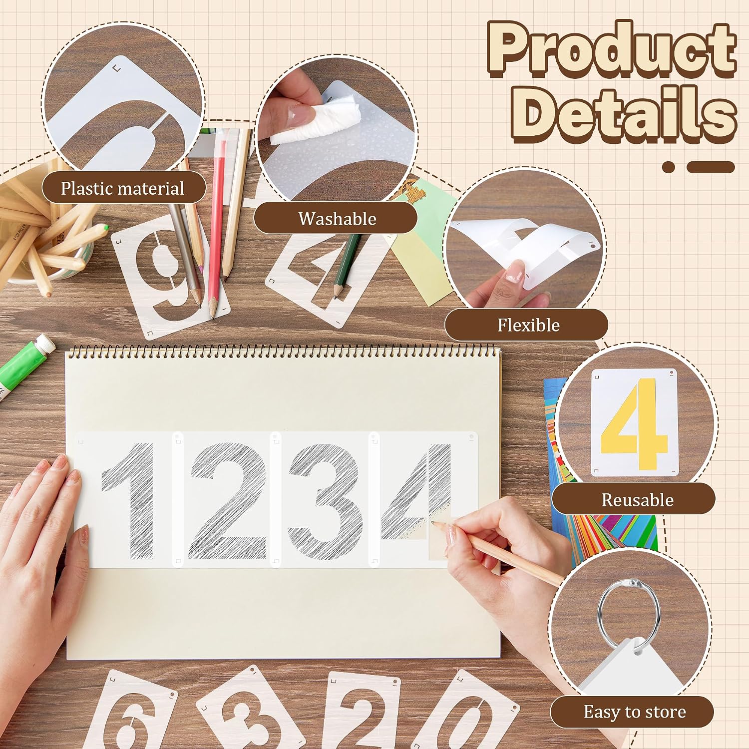3,4,5 Inch Number Stencils, 30Pcs Plastic Reusable Washable Curb Stencil Kit for Address Painting, 0-9 Large Number