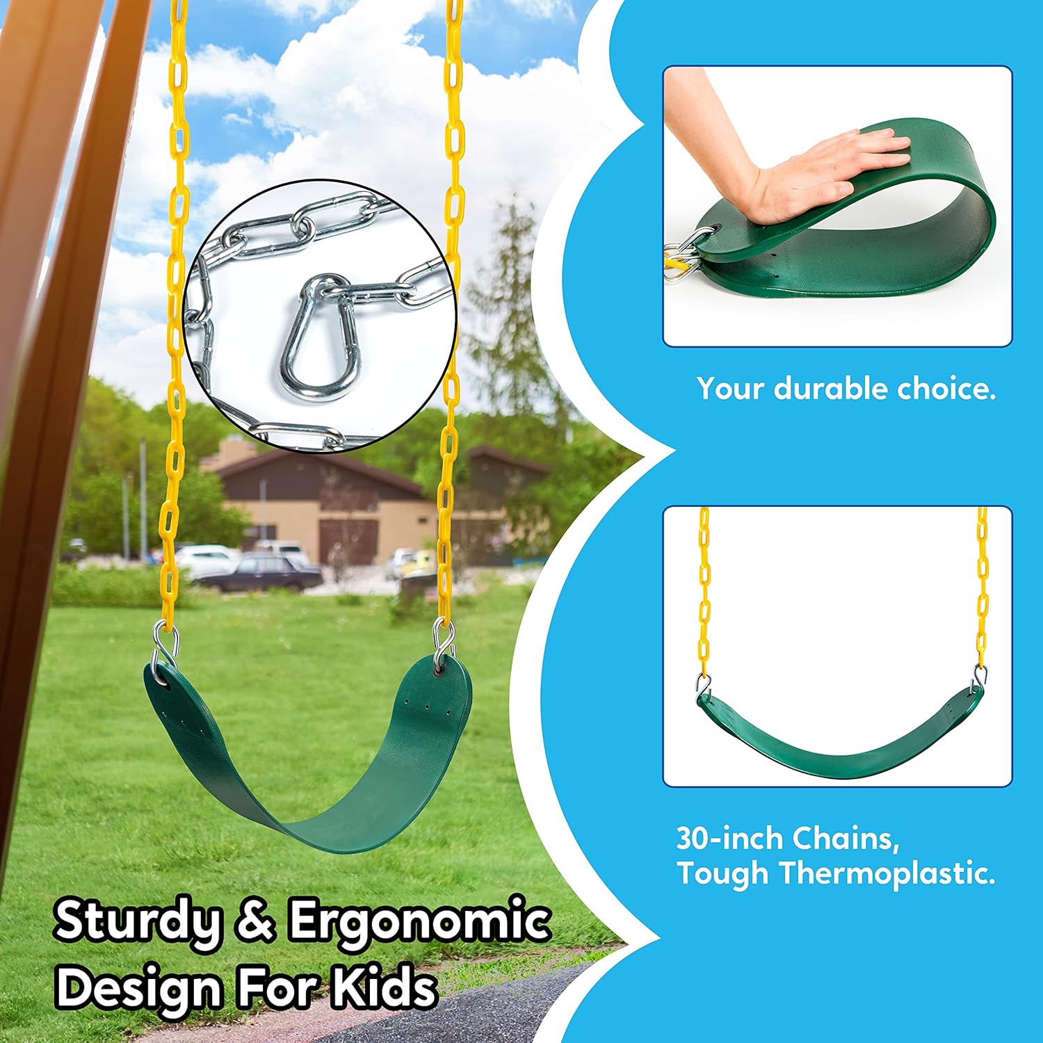 Heavy Duty Swing Seat Green Color with 66” Chain, Swing Set Accessories Replacement with Snap Hooks for Kids Outdoor