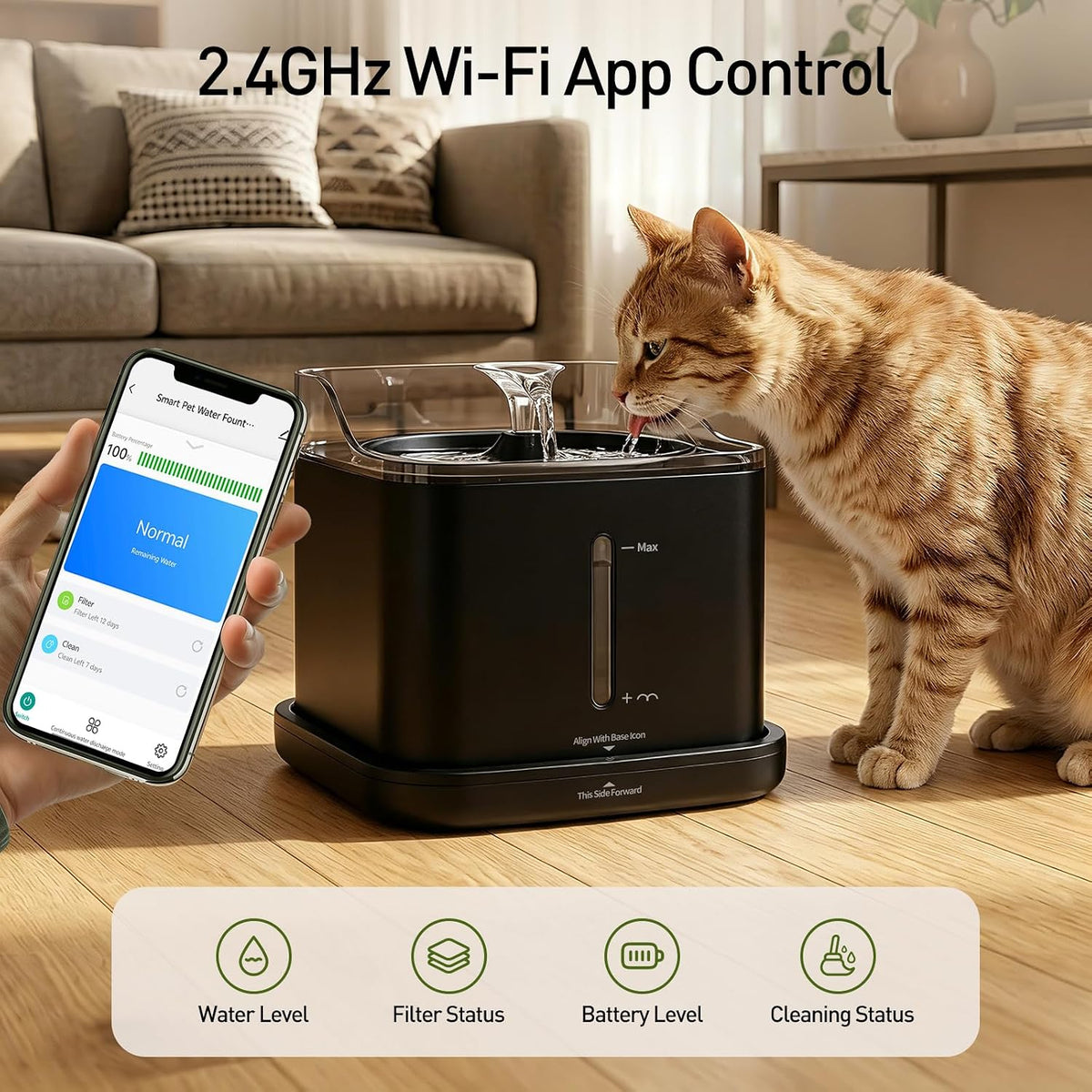Cat Water Fountain, 2.2L Automatic Pet Water Fountain for Cats and Small Dogs, 2.4GHz WiFi App Control, Rechargeable