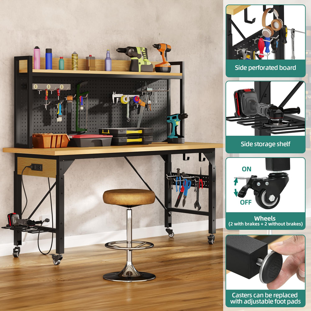 48in Adjustable Workbench with Pegboard & Wheels & Outlets