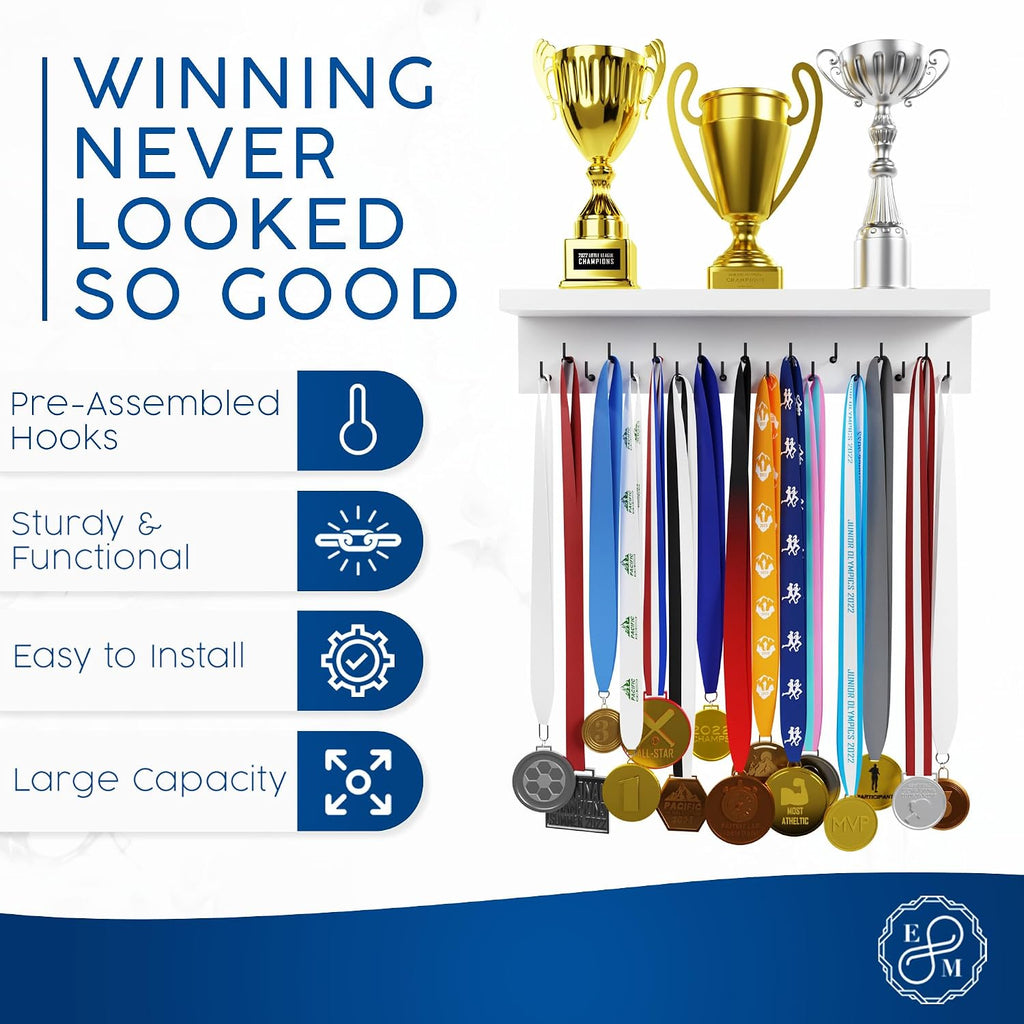 Medal Hanger Display and Trophy Shelf with Hooks - Wooden Medal Holder for Wall Mount Ribbon Display, Trophy Display