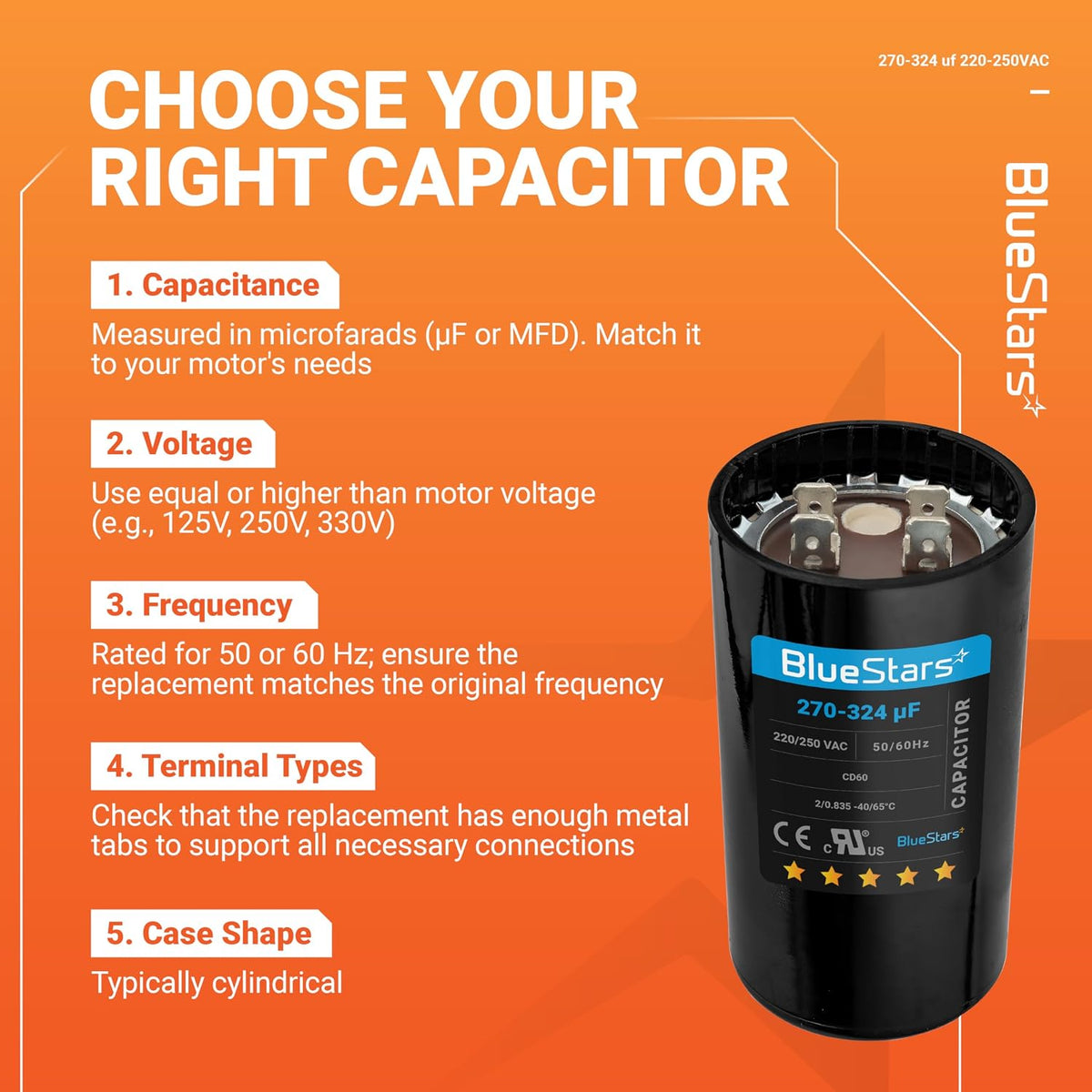 [2025 Upgraded] BlueStars 270-324 uF MFD 220-250 VAC Motor Start Capacitor