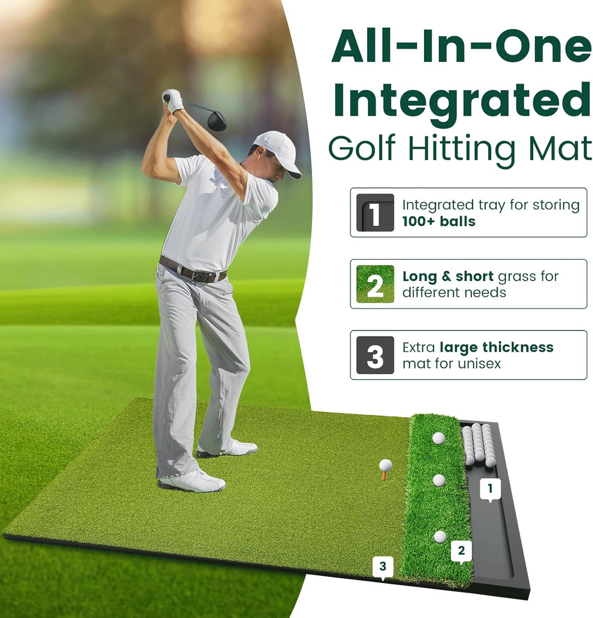 Dual Turf Golf Hitting Mat with Ball Tray, Integrated Golf Practice Mat for Indoor & Outdoor Use Golf Training Mat