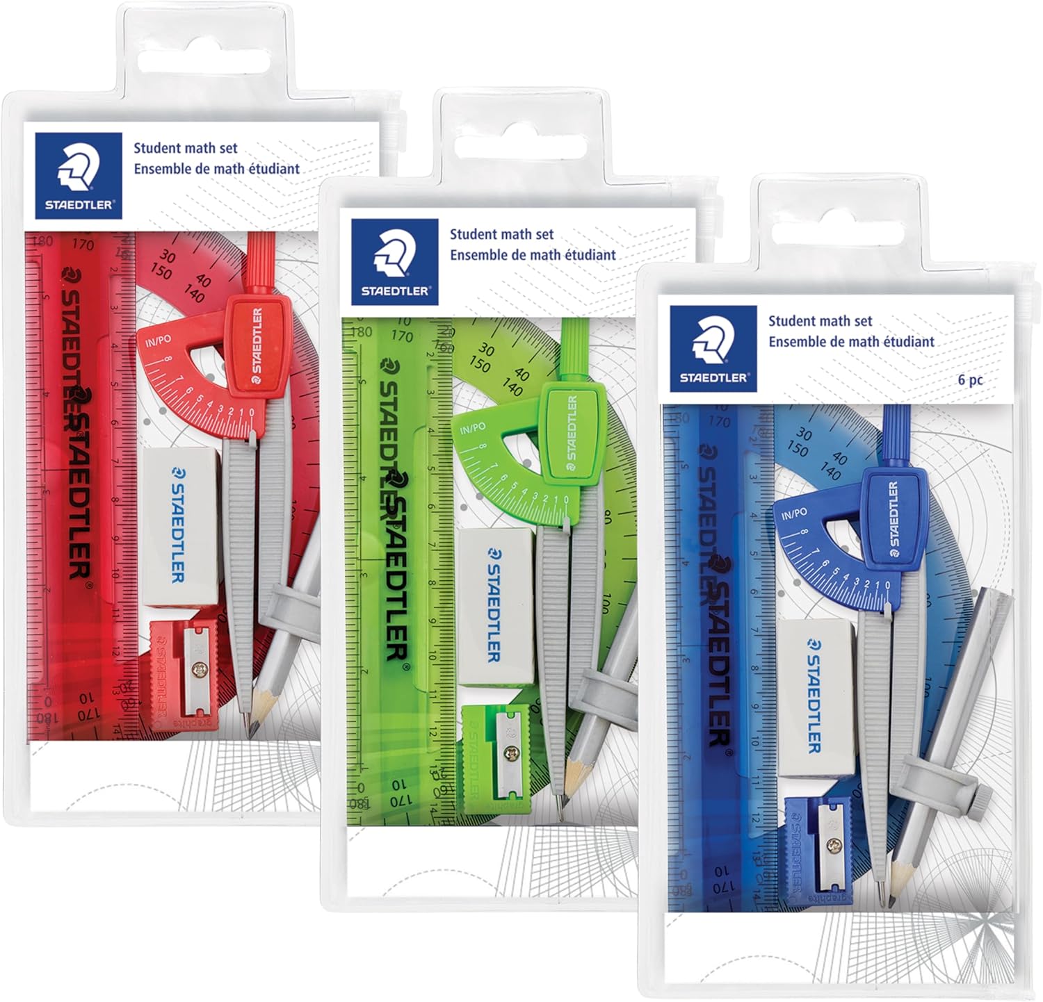Student Math Set - Essential School Supplies with 6-Piece - Compass, 6in Ruler, 180° Protractor, Pencil, Eraser &
