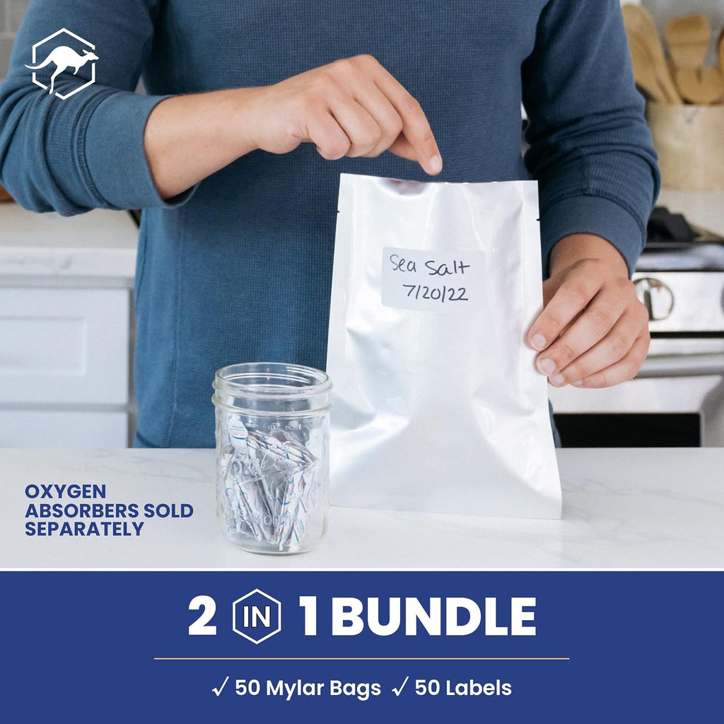 50 Count 1-Quart Mylar Bags with Labels, 5 Mil Total Thickness Long-Term Food Storage Pouches, 7x10 Heat-Sealable