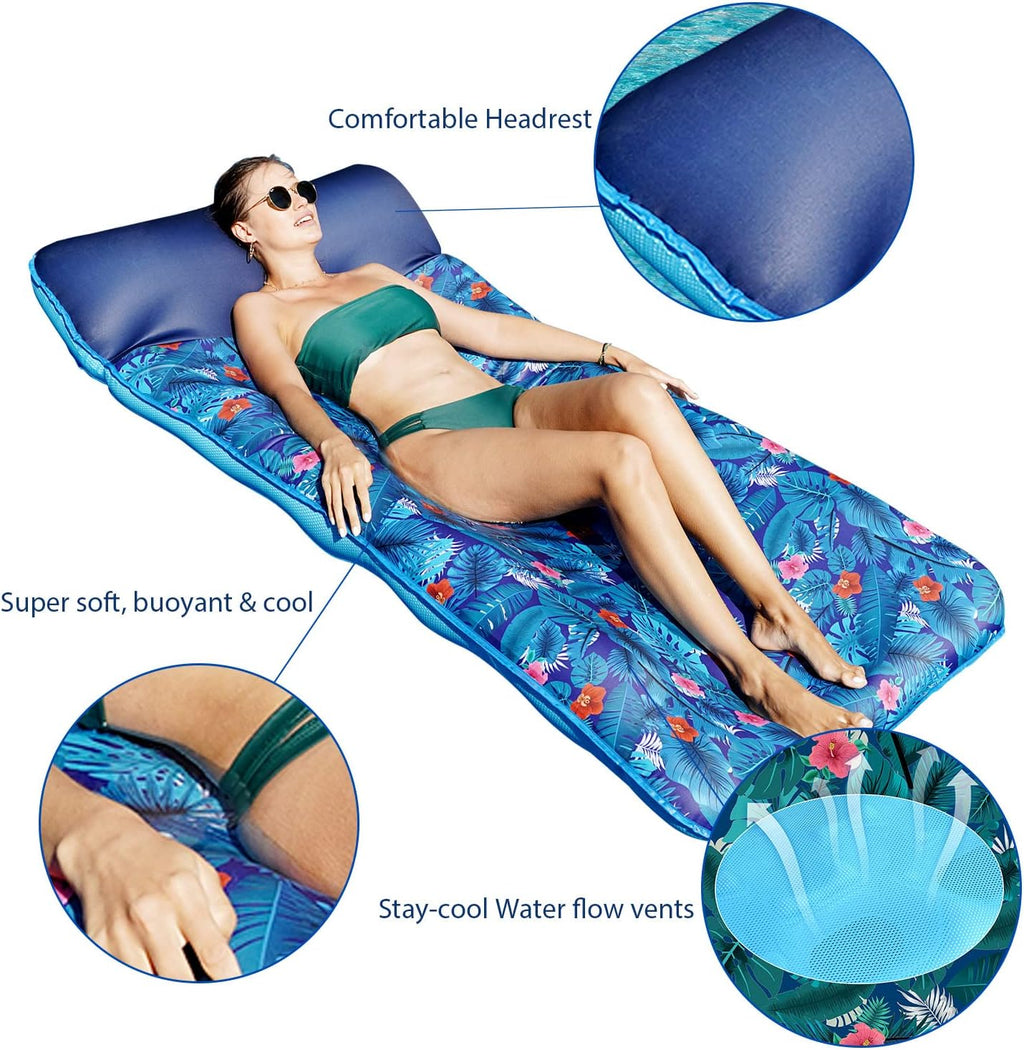 Oversized Pool Float Lounge, 72" X 37" Extra Large Fabric-Covered Pool Floats for Adults, Inflatable Contour Lounger