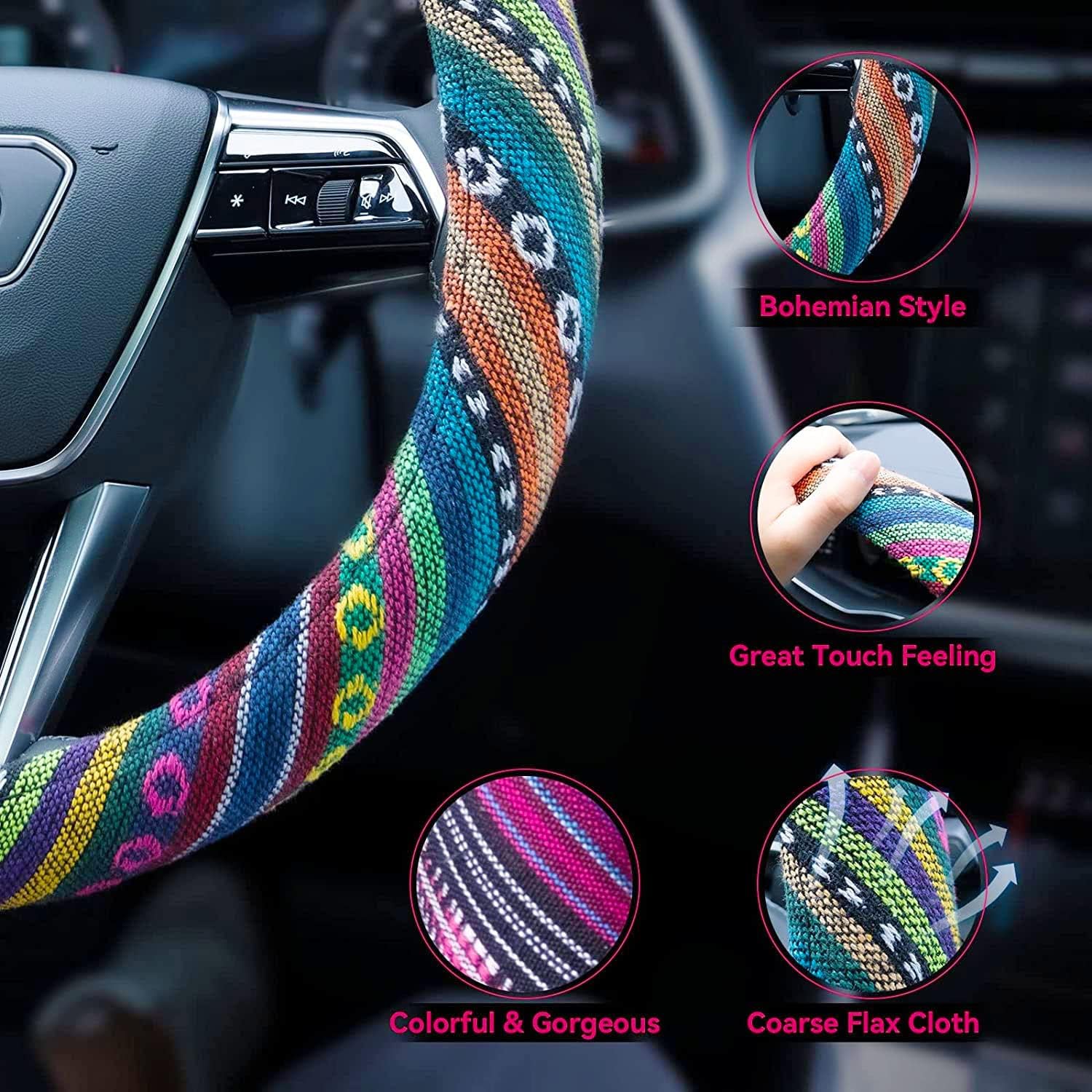 Boho Steering Wheel Cover Elastic Microfiber for Women, Universal Fit 15 inch Car SUV, Hippie Style Protector Cover