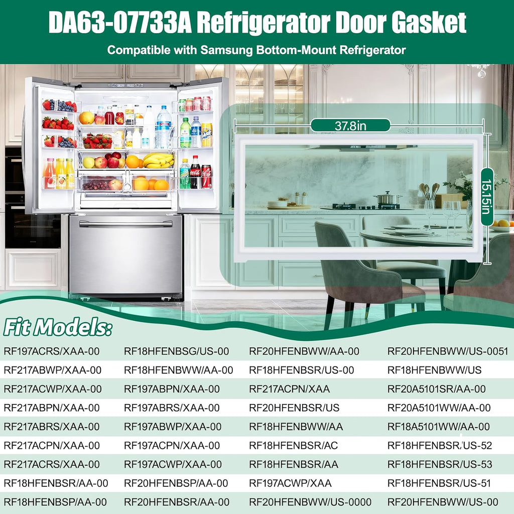 UPGRADED DA63-07733A Refrigerator Fresh Food Door Gasket Replacement Compatible with Samsung Refrigerator Door Seal, Replaces RF217ACWP RF197ACPN RF197ABRS RF217ABPN RF18A5101WW RF20HFENBWW