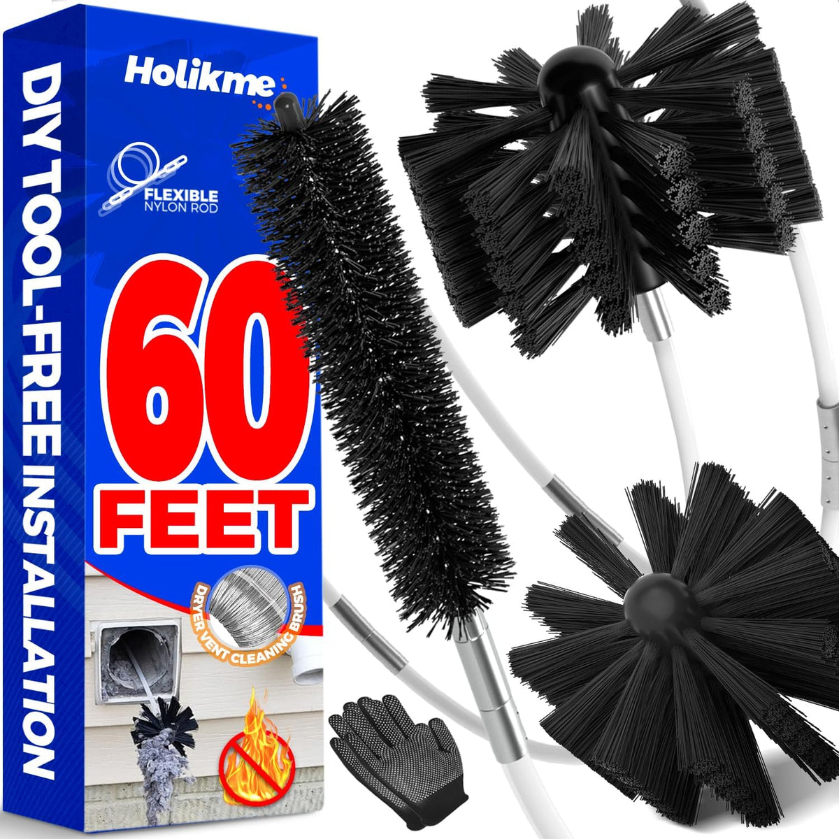 60Ft Dryer Vent Cleaner Kit - Flexible Lint Brush for Deep Cleaning