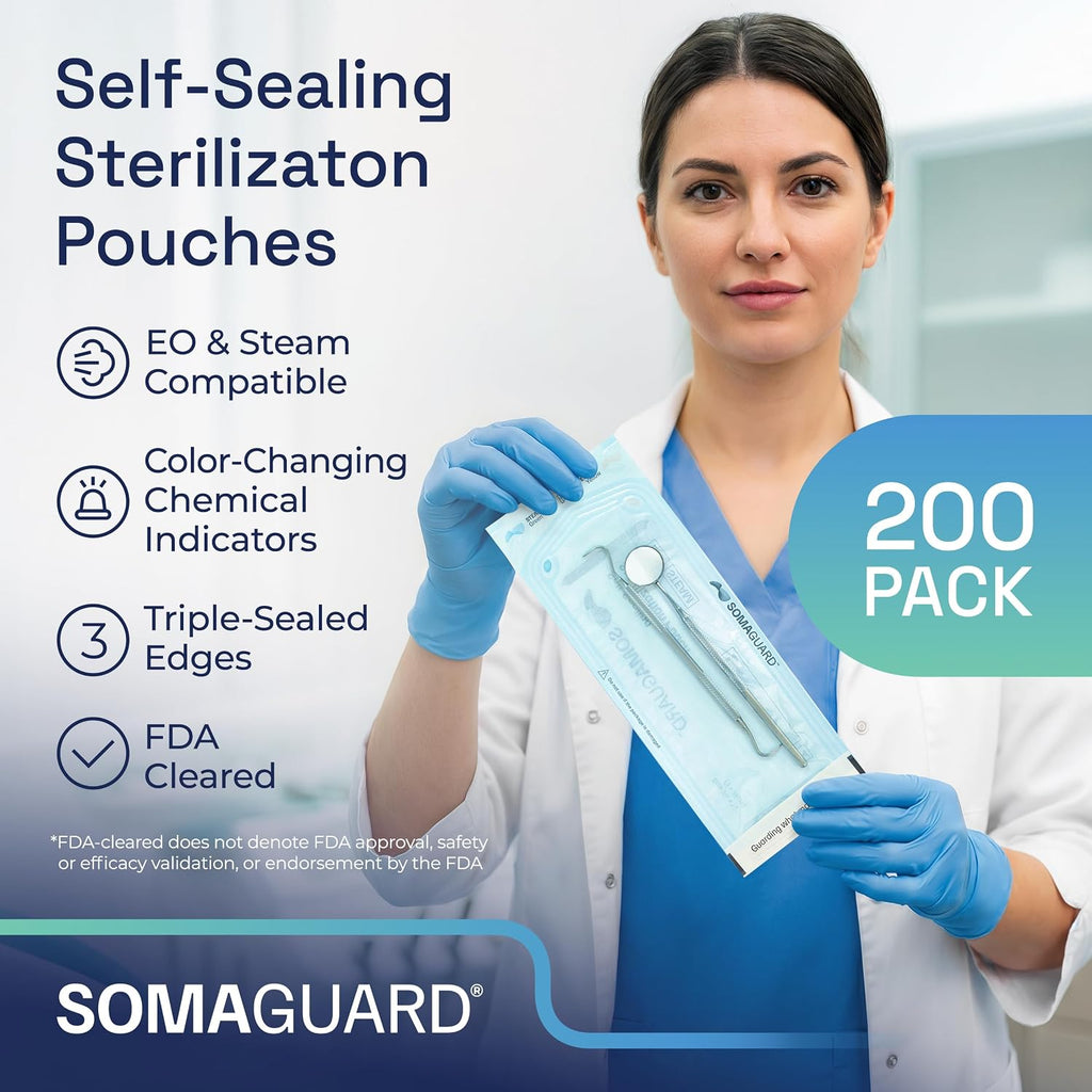 Self-Sealing Sterilization Pouches - 3.50 × 10" - (200 Pack) - Steam Autoclave & EO Indicators - Triple Sealed