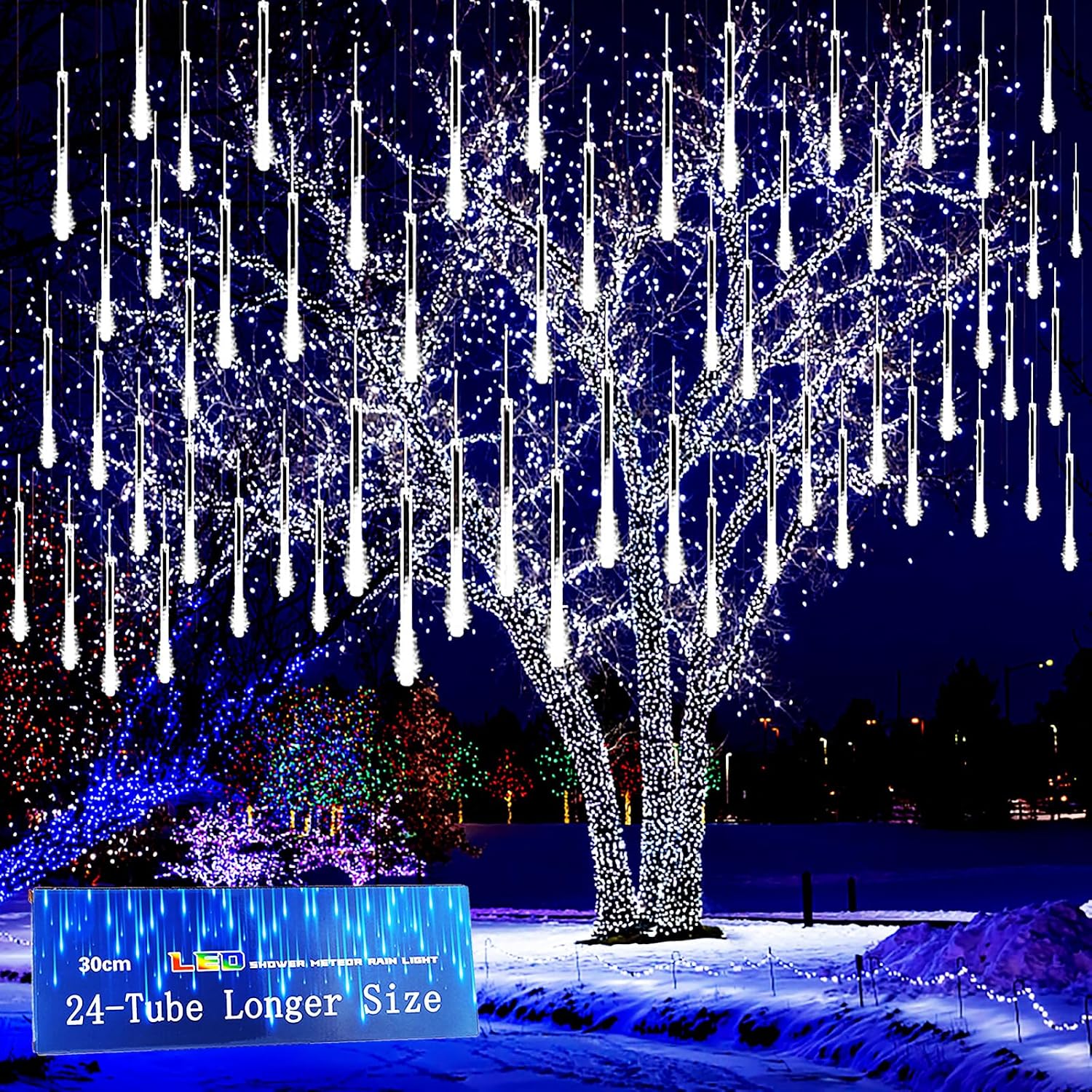Christmas Lights Outdoor, 24 Tubes Meteor Shower Lights for Xmas Decoration | Equal to 3 Sets of 8-Tubes, Waterproof