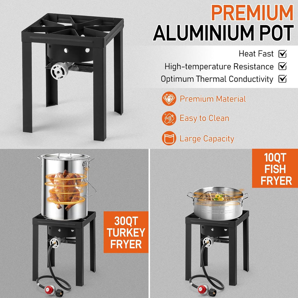 30QT Turkey Fryer & 10QT Fish Fryer Kit w/ 55,000BTU Propane Stove, Aluminum Outdoor Deep Fryer & Seafood Boiler