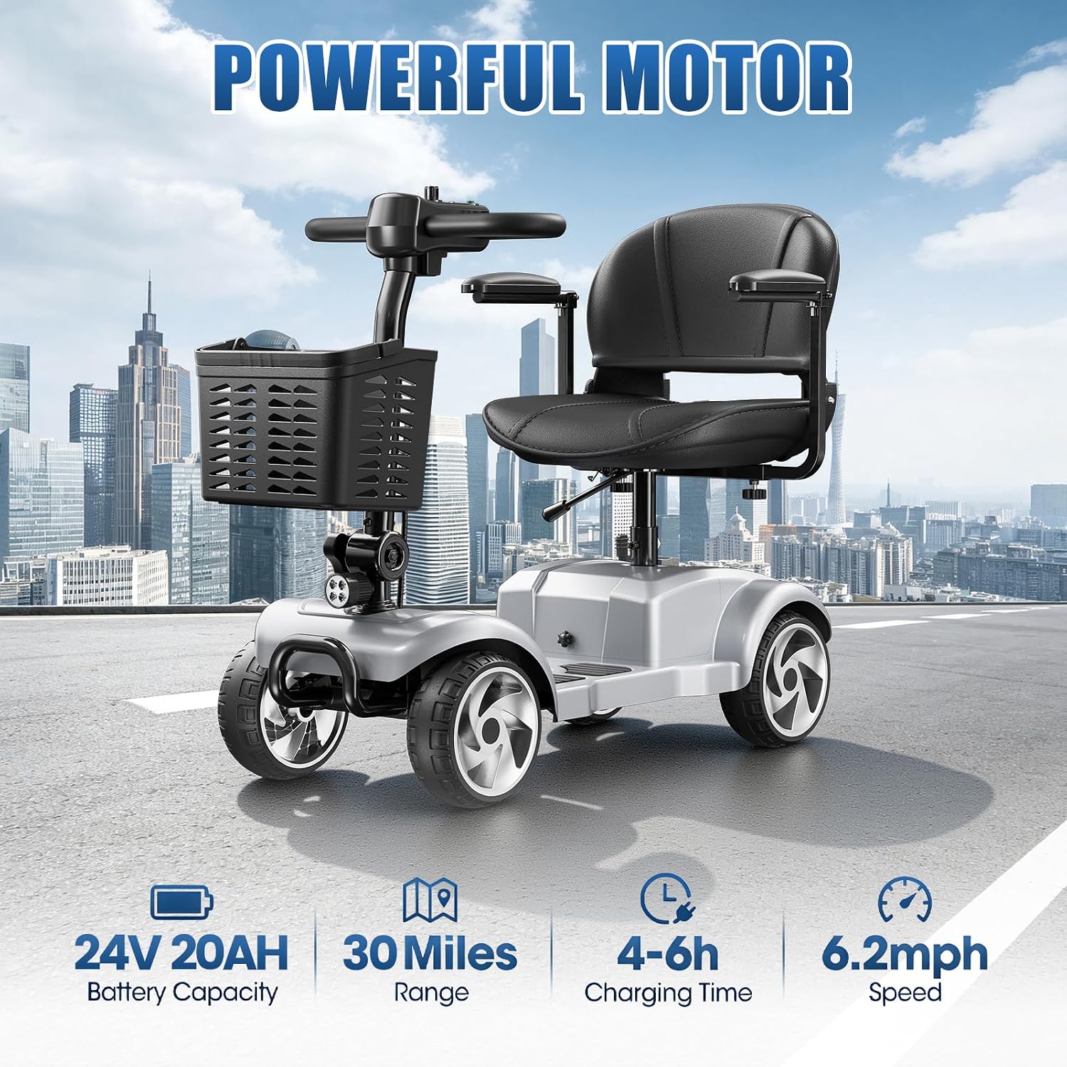 30 Miles Foldable Powered Mobility Scooters for Seniors and Adults, Silver