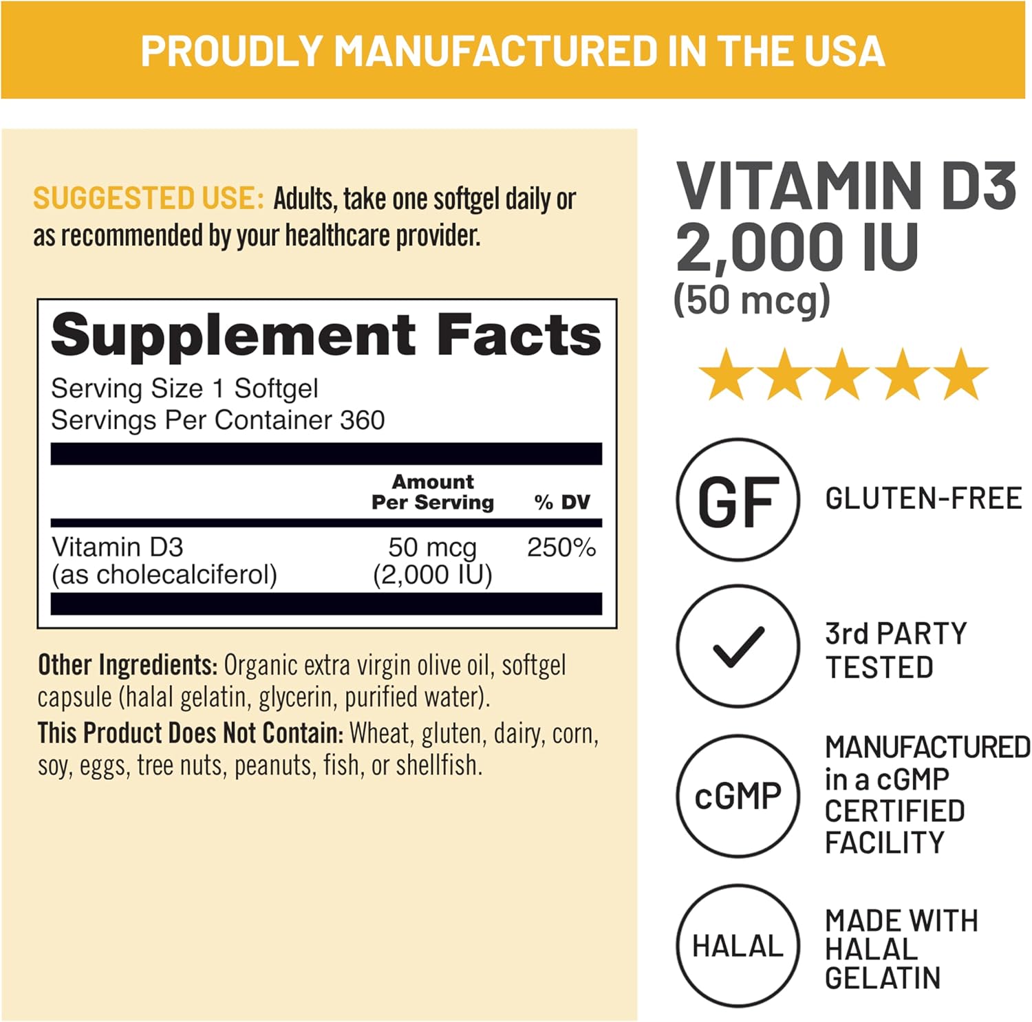 Vitamin D3 2000iu (50 mcg) 1-Year Supply for Immune Support, Healthy Muscle Function, and Bone Health, Gluten Free in