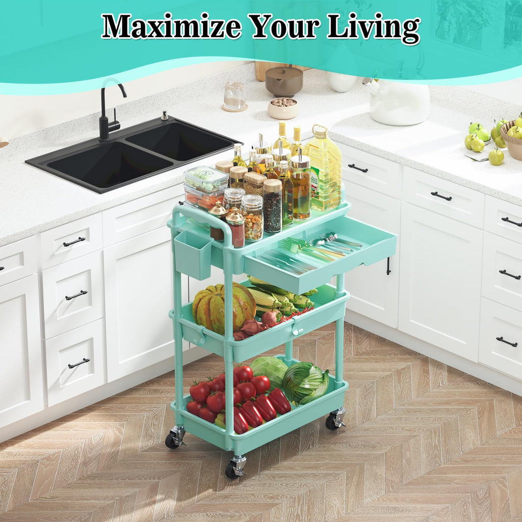 3 Tier Rolling Cart with Drawer, Craft Storage Cart Organizer, Blue