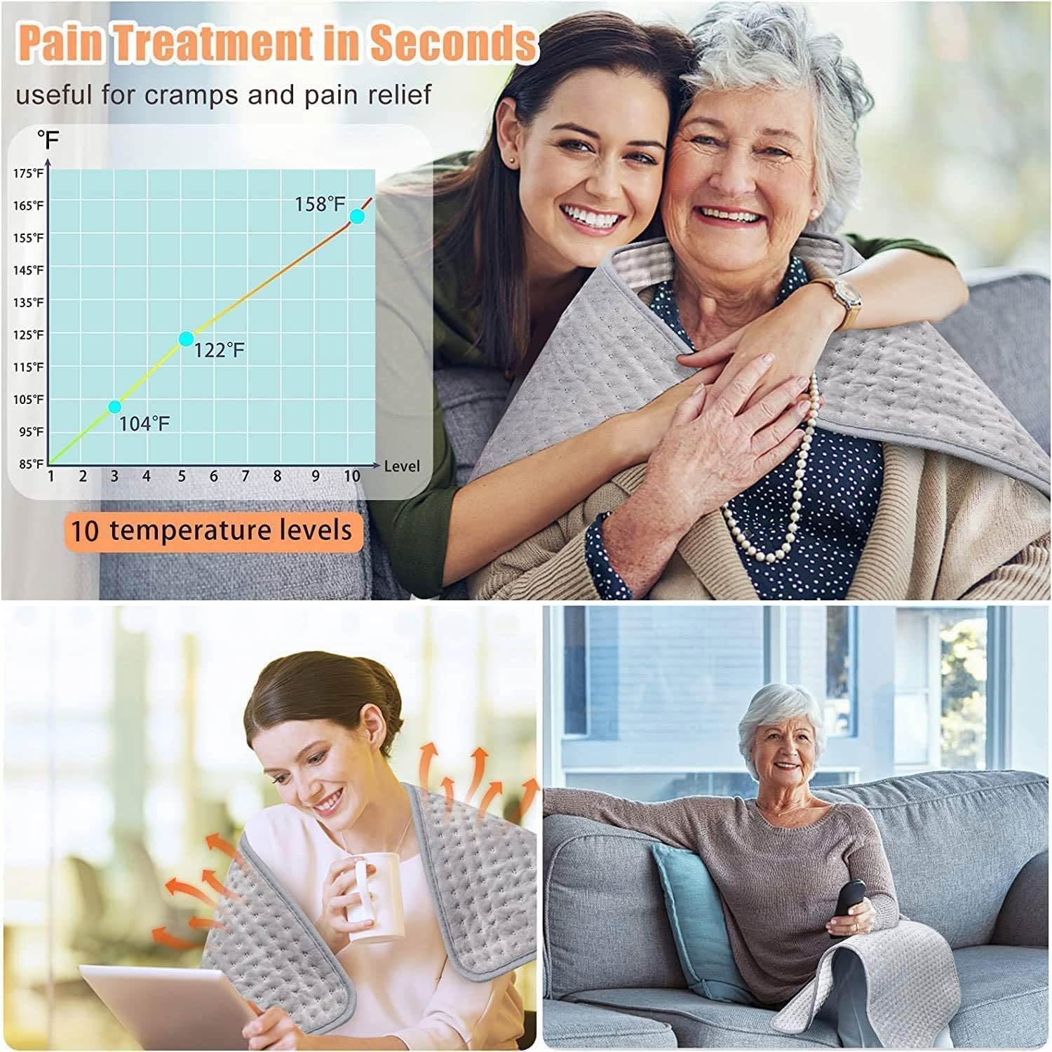 Heated Throw Blanket - 20"x40" Extra Large Heating Pad for Back Pain & Cramps Relief, 10 Heat Modes & 3 Timer
