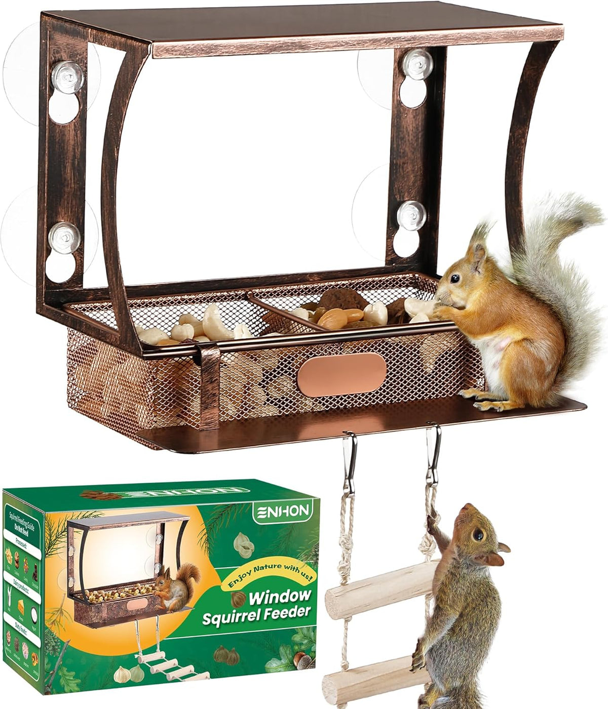Window Squirrel Feeder, Metal, Strong Suction Cups & Ladders