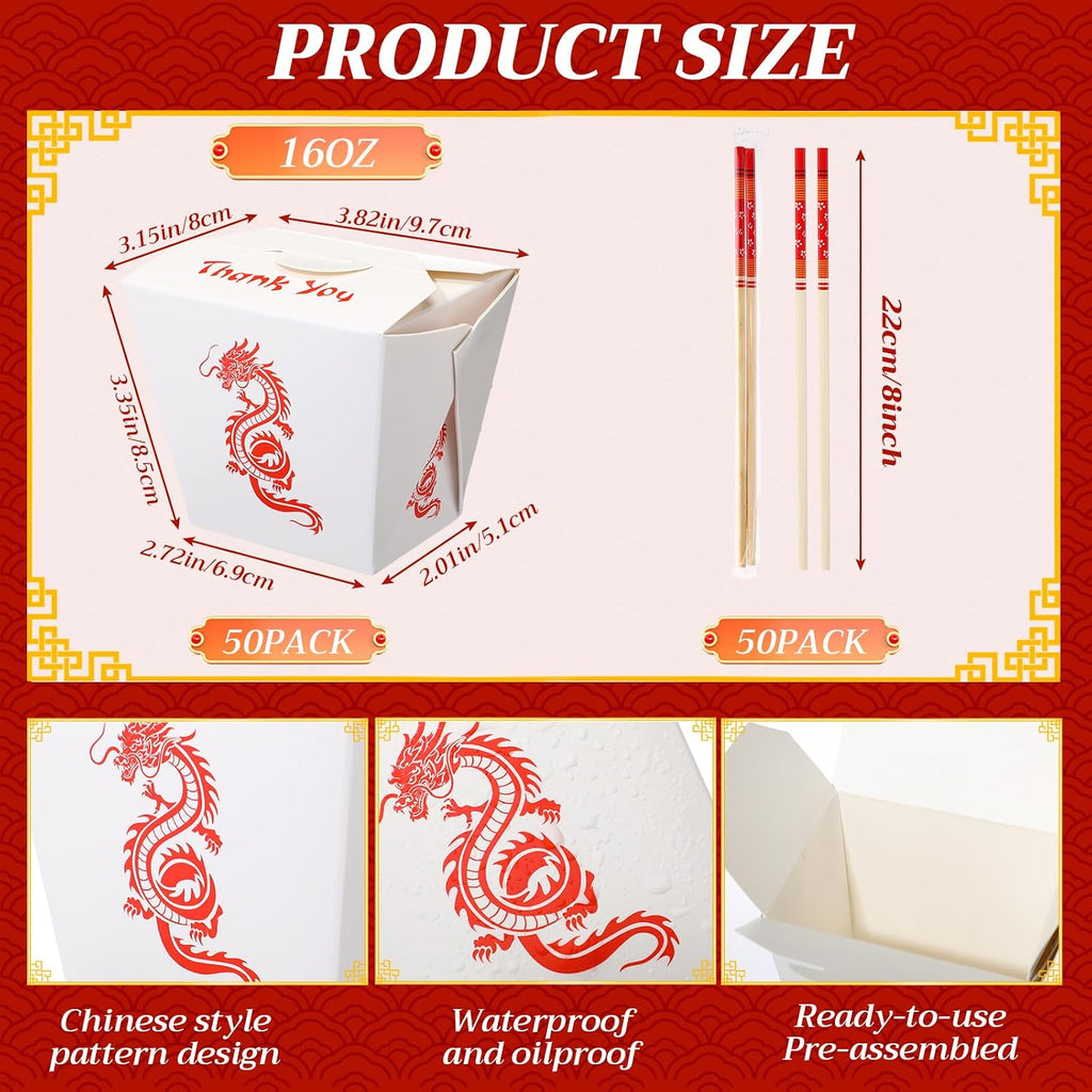 50 Sets Chinese Take out Boxes with Separated Chopsticks 16 oz