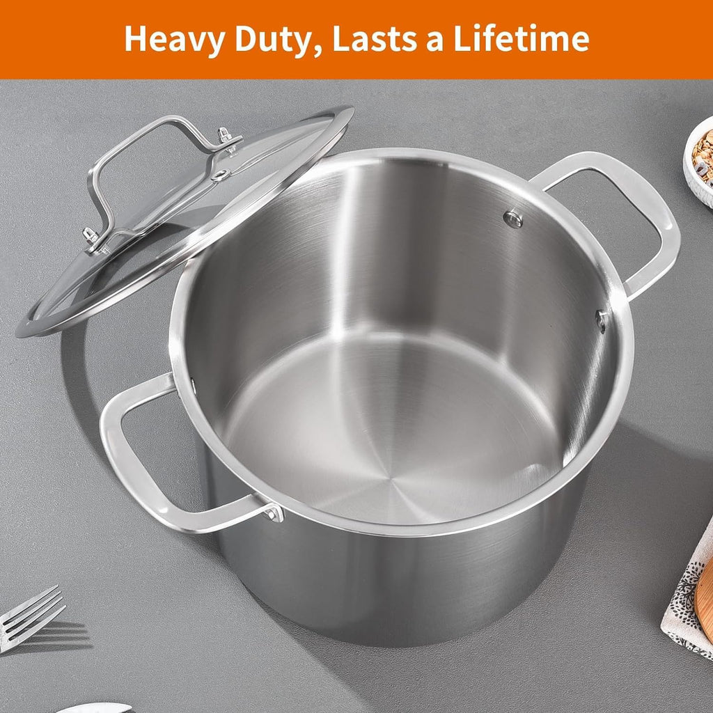 Tri-ply Stainless Steel 12 Quart Heavy Duty Induction Stock Pot | 18/10 Stainless Steel Soup Pot, Big Large Pot for