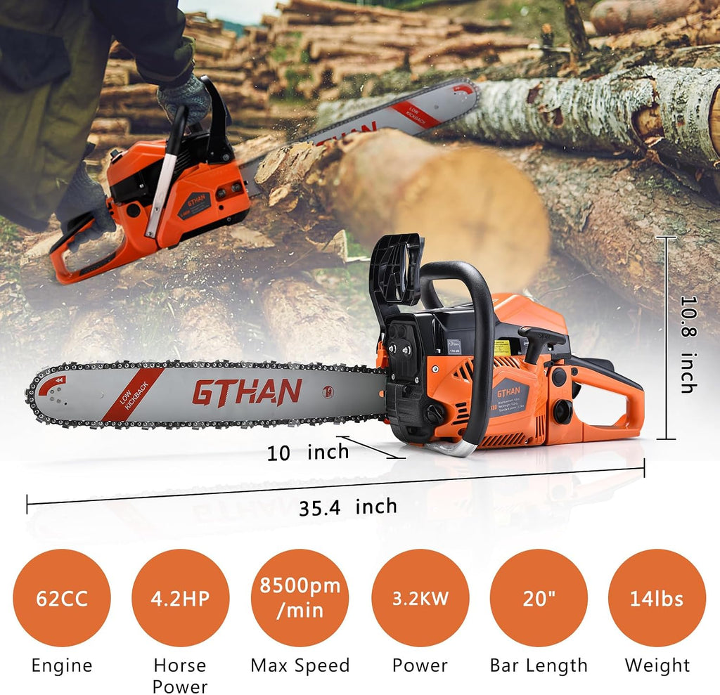 62cc Gas Powered Chainsaw 2-Cycle Gasoline Chain Saw with 20-Inch Guide Bar | Cordless Gas Chainsaw for Tree Cutting