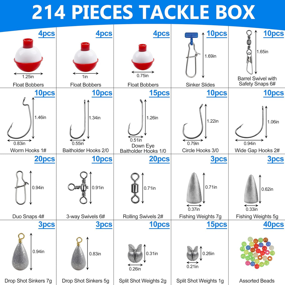 Fishing Hooks Bobbers Tackle Kit 214pcs Beginngers Equipment Include Baitholder Circle Fishing Hooks Bobber Floats