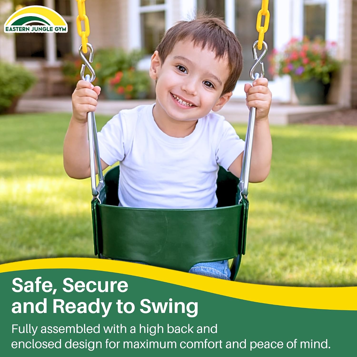 Heavy-Duty High Back Full Bucket Toddler Swing Seat | Coated Swing Chains Fully Assembled | Green Swing Set Accessory