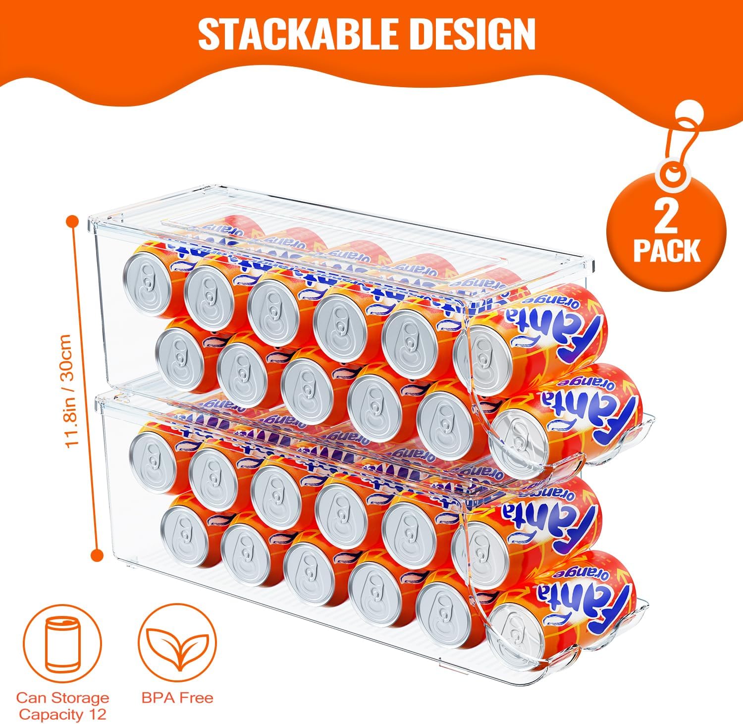 2 Pack Soda Can Organizer for Refrigerator, Stackable Canned Food Pop Cans Container Can Holder Dispenser with Lid